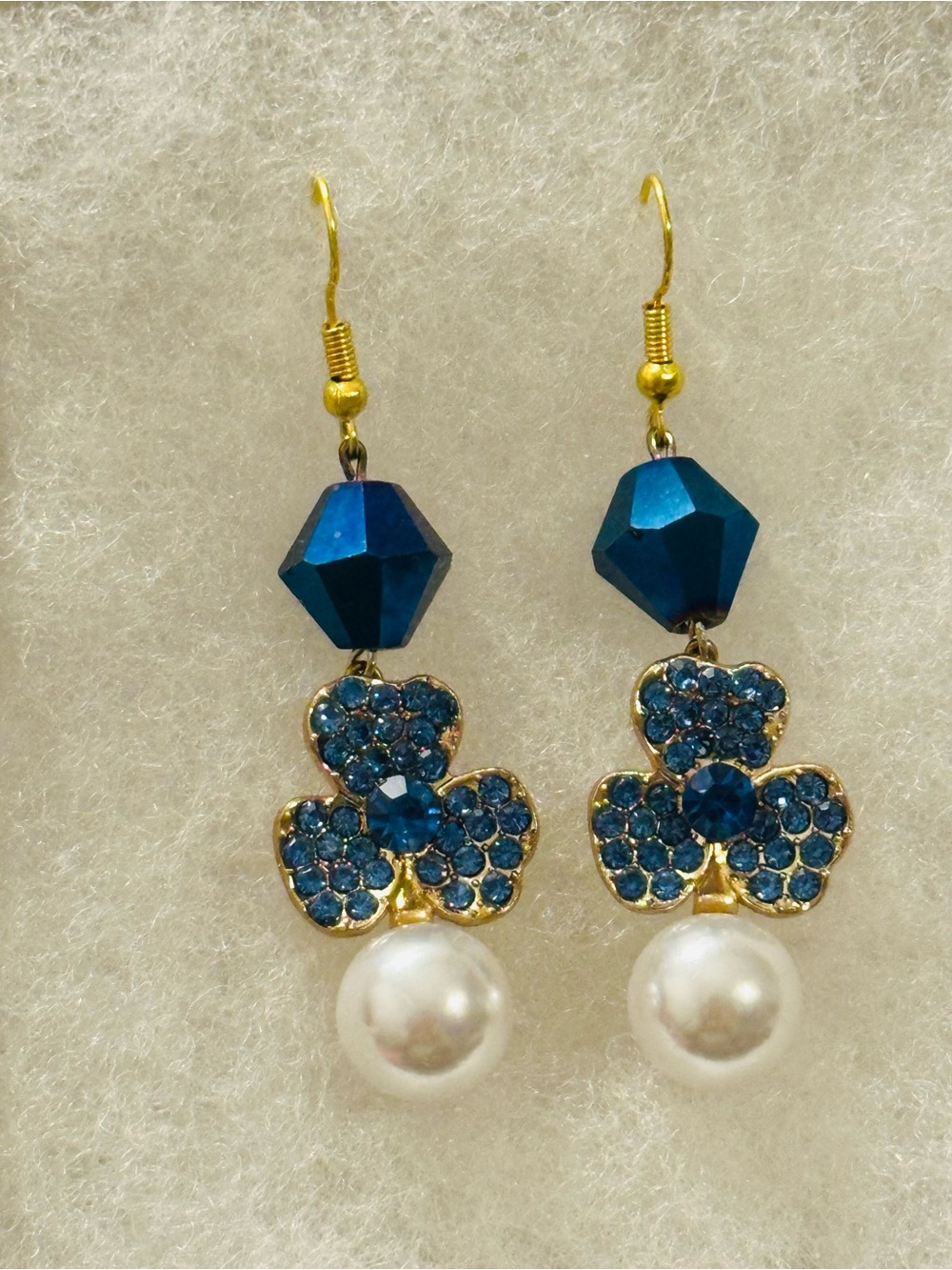 Handmade Blue Crystal Flower Drop Earrings with Pearl Accent